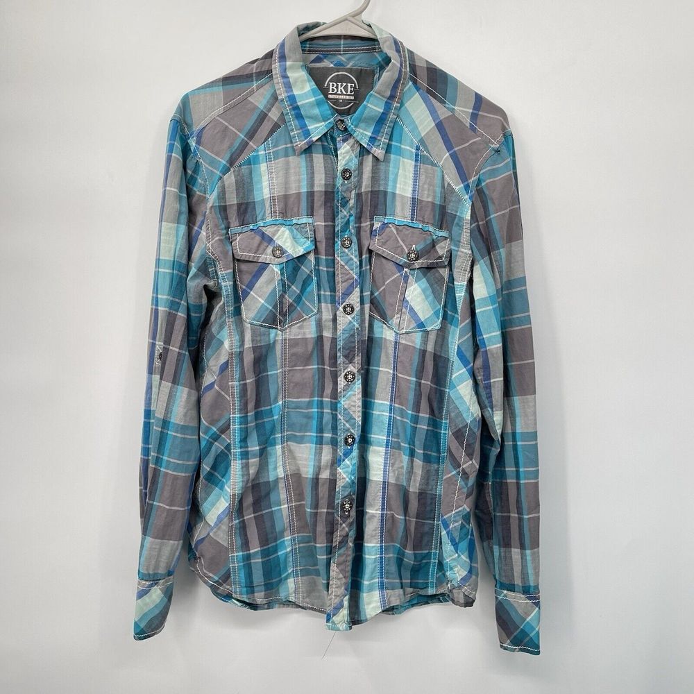 BKE Medium Plaid Button Down Mens Turquoise Grey Contrast Stitch Western Shirt